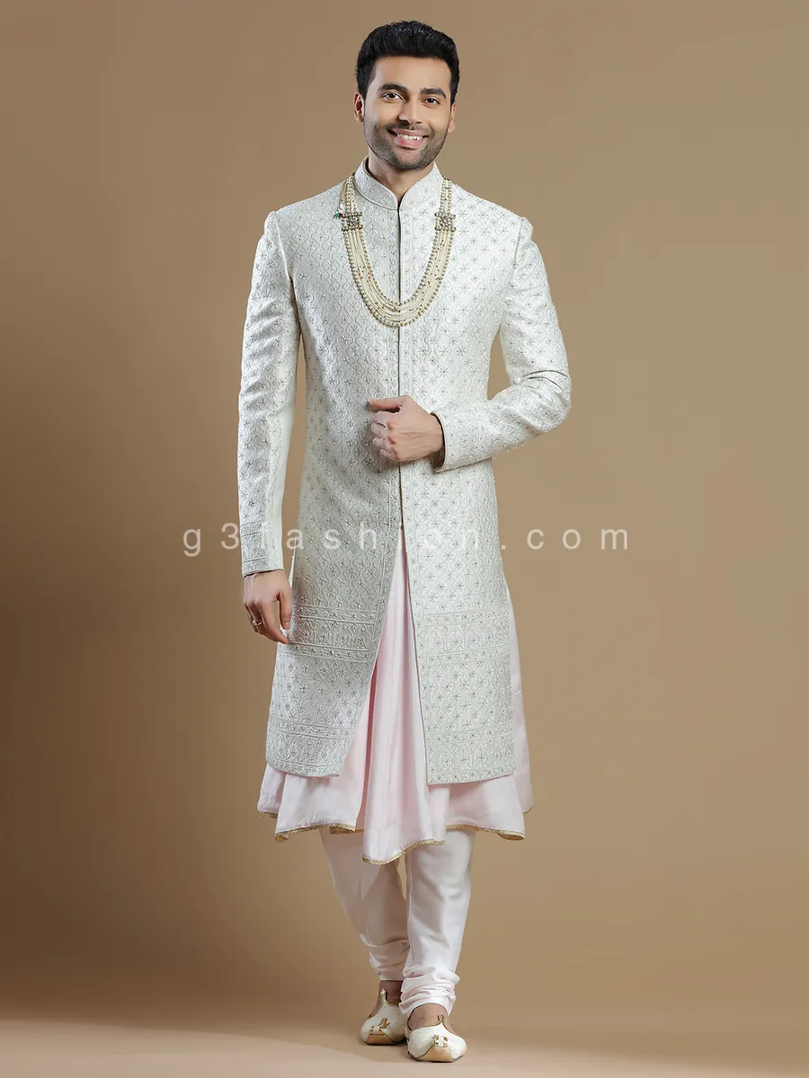 Designer off white color raw silk fabric sherwani