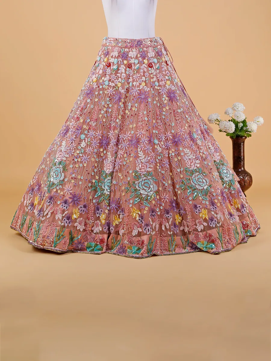 Designer peach net lehenga choli