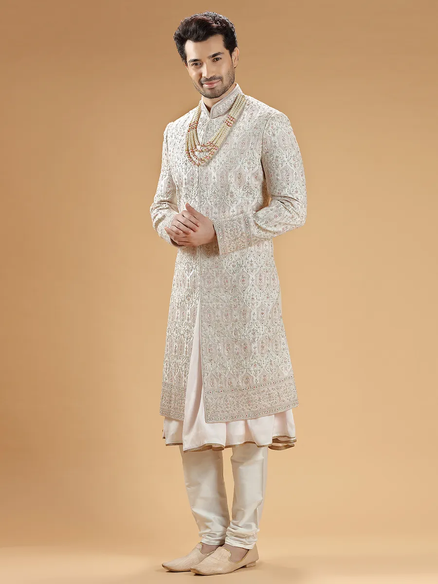 Designer peach raw silk sherwani