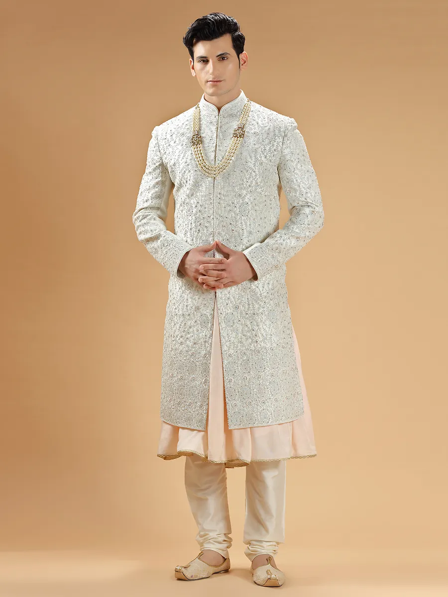 Designer raw silk sherwani in cream