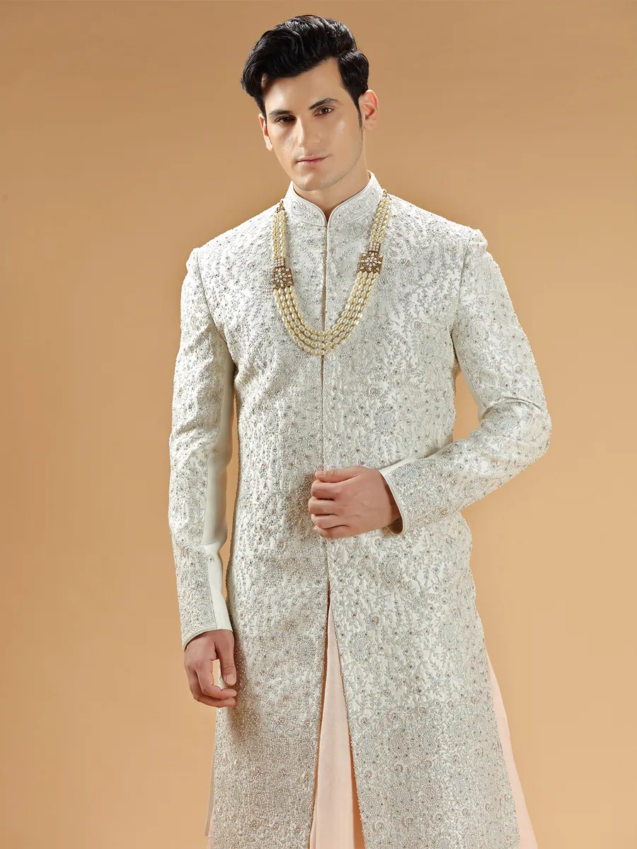 Designer raw silk sherwani in cream