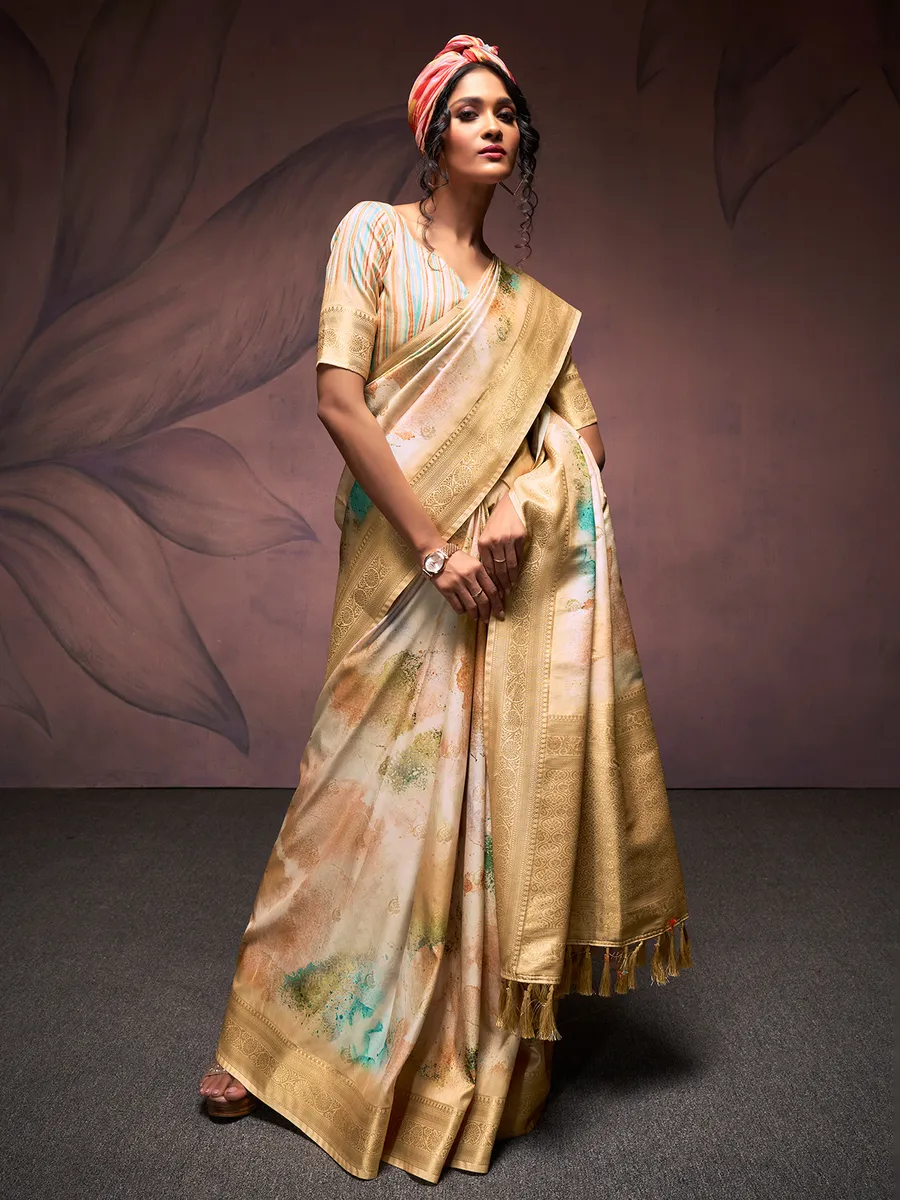 Digital printed cream soft silk saree