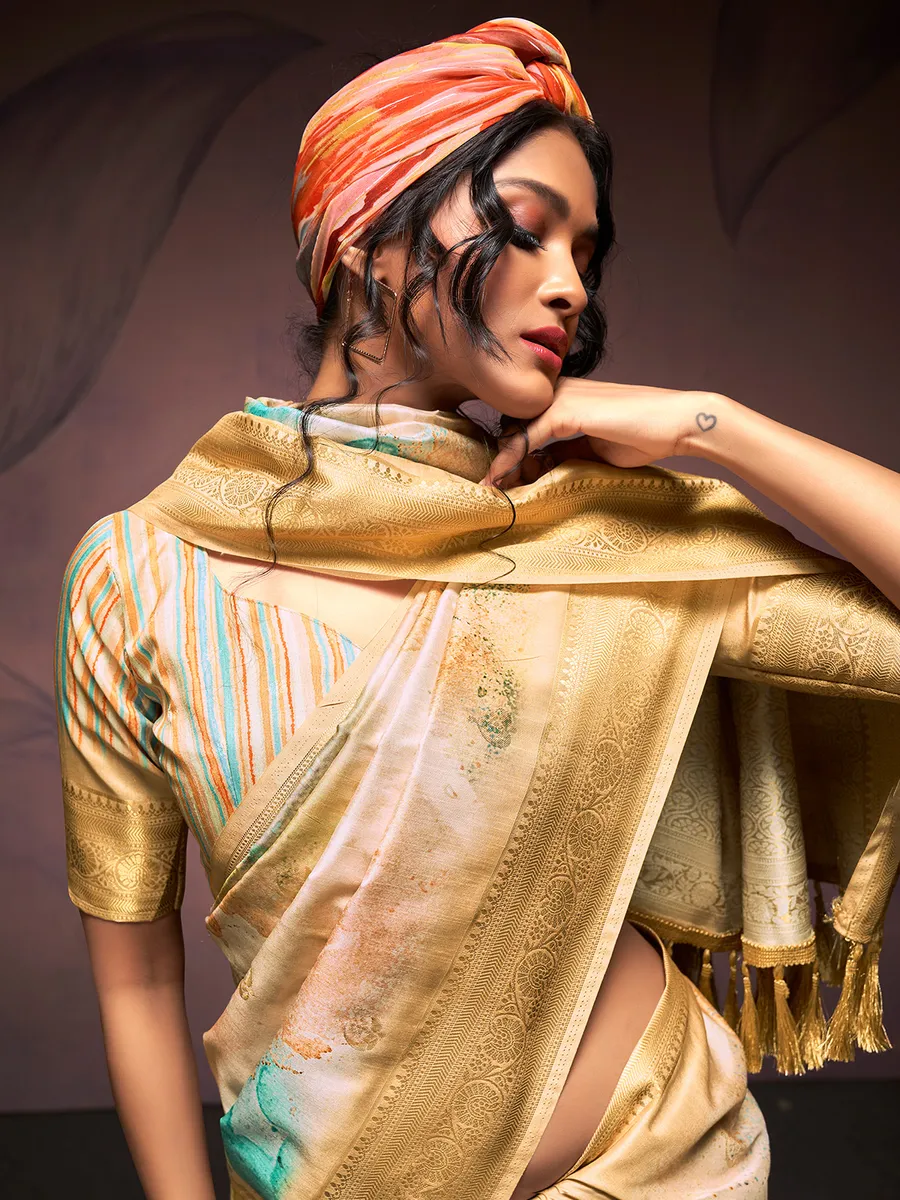 Digital printed cream soft silk saree