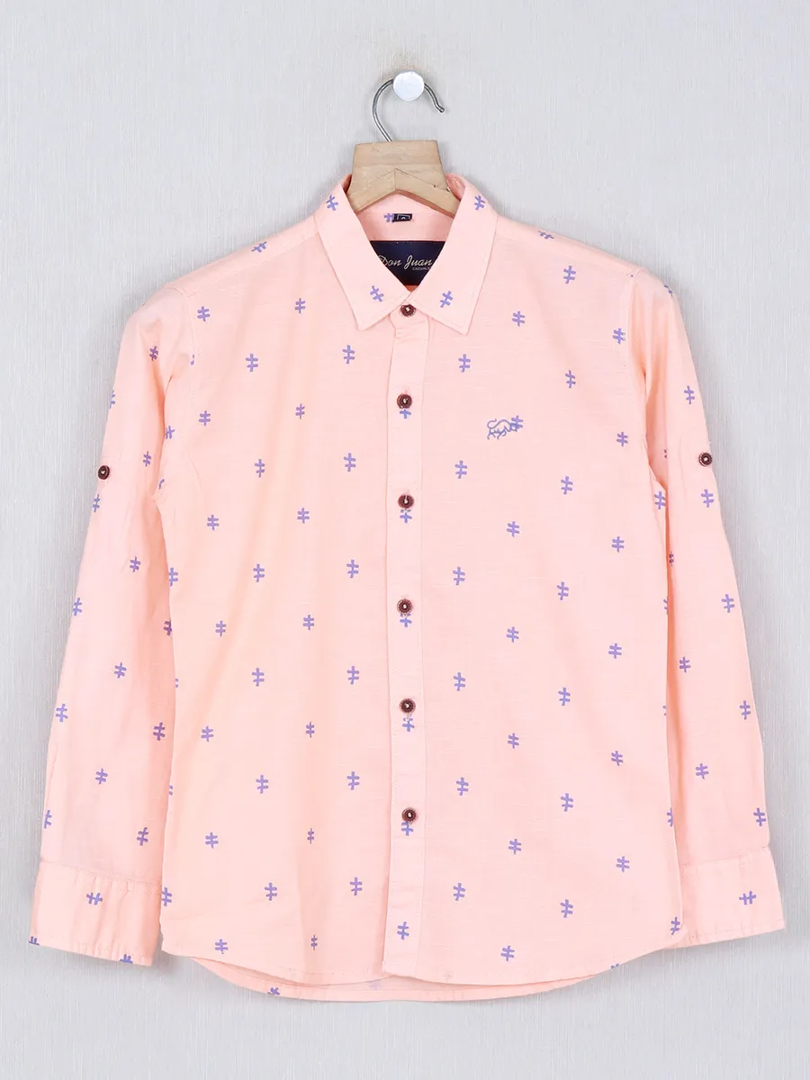 DNJS peach printed slim fit shirt in cotton