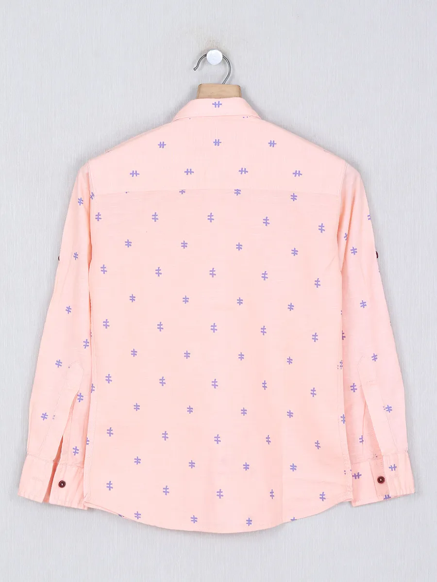 DNJS peach printed slim fit shirt in cotton