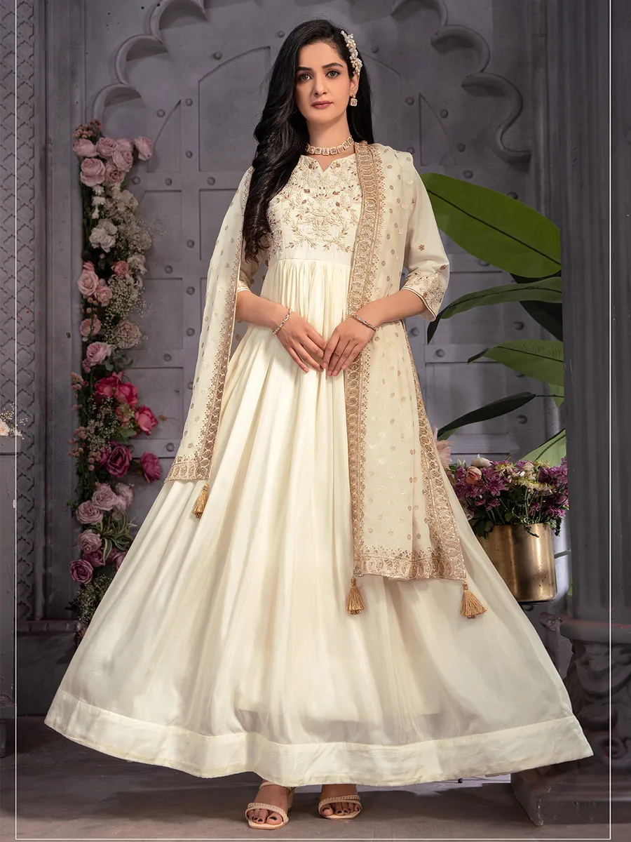 dola silk off-white anarkali suit