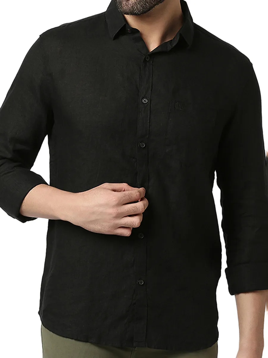 DRAGON HILL solid black linen casual shirt