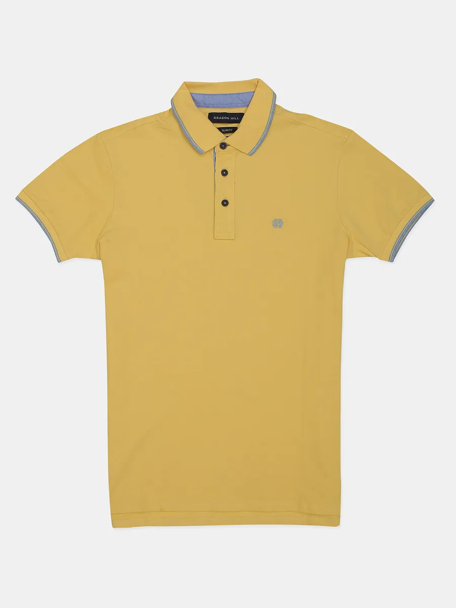 Dragon Hill solid yellow cotton casual polo t-shirt