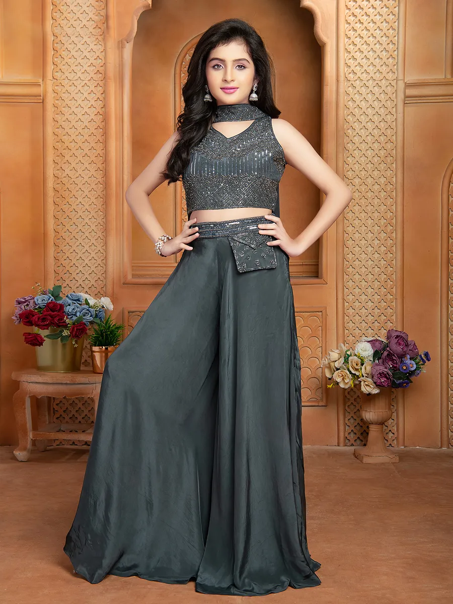 Drak grey silk palazzo suit with choker dupatta