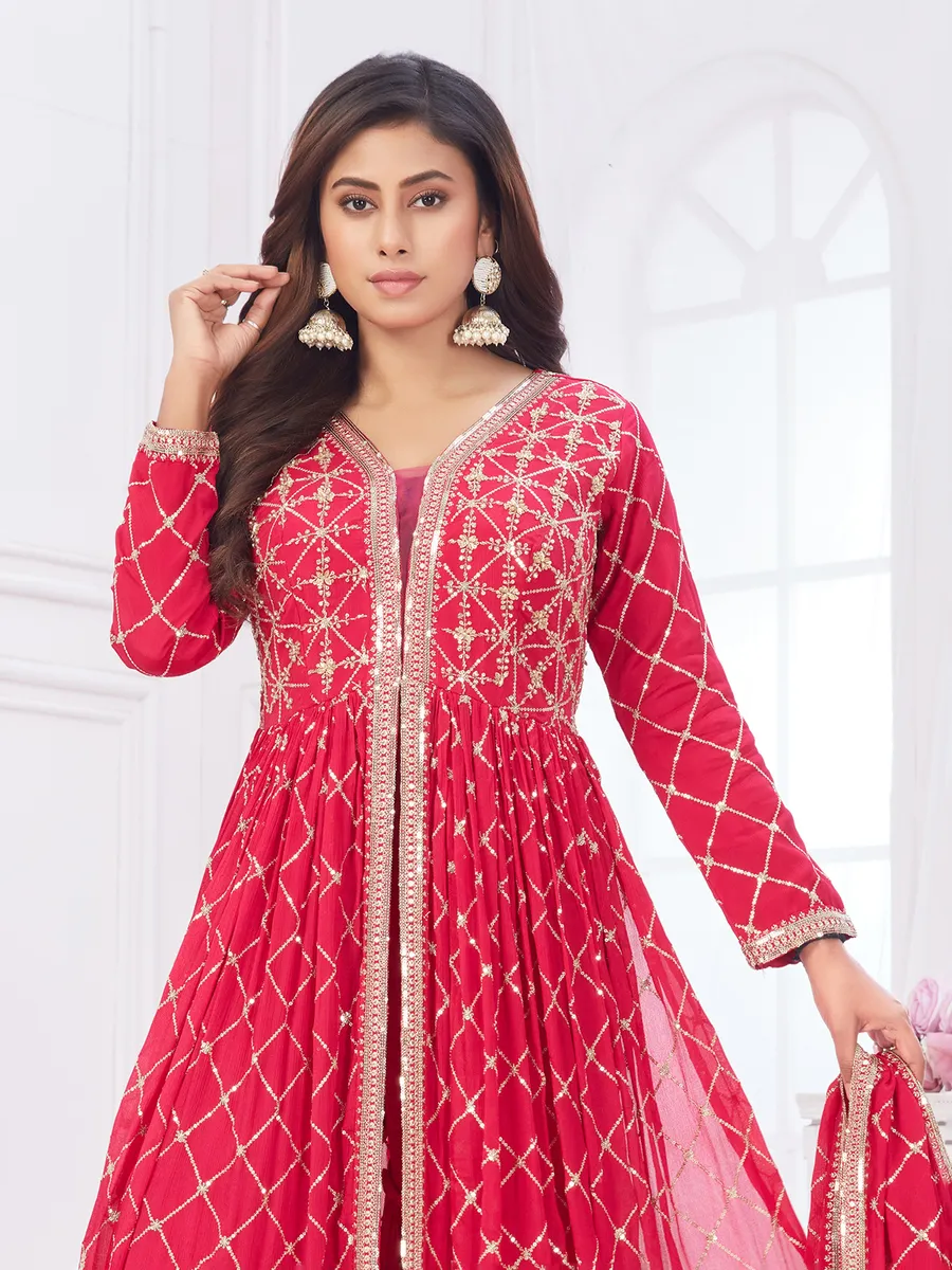 Drak pink georgette front slit sharara suit