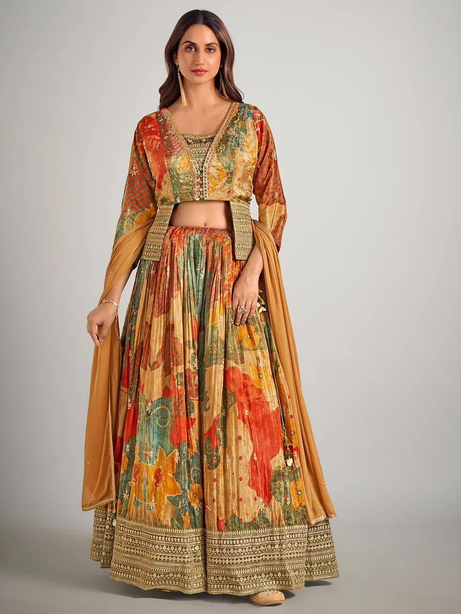 Earth yellow silk wedding wear lahenga choli