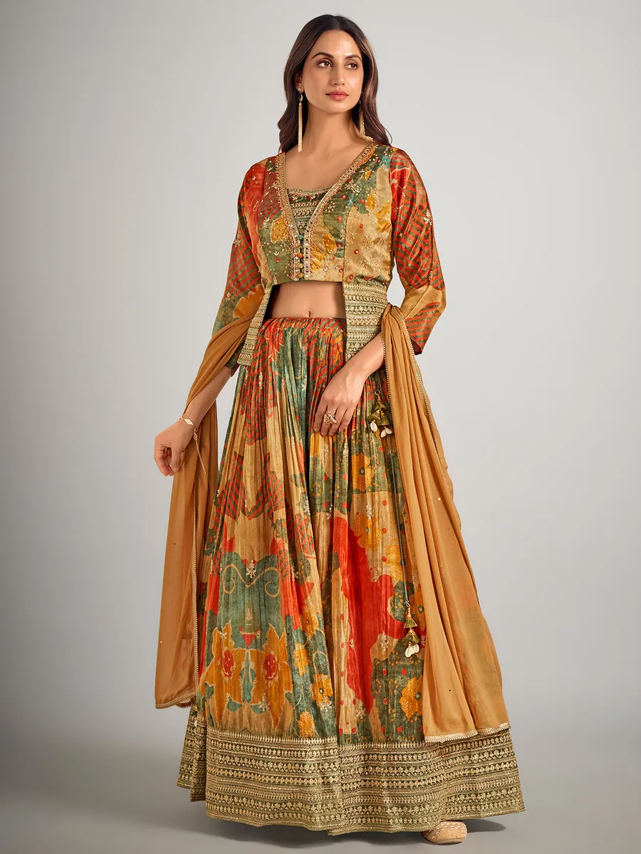 Earth yellow silk wedding wear lahenga choli
