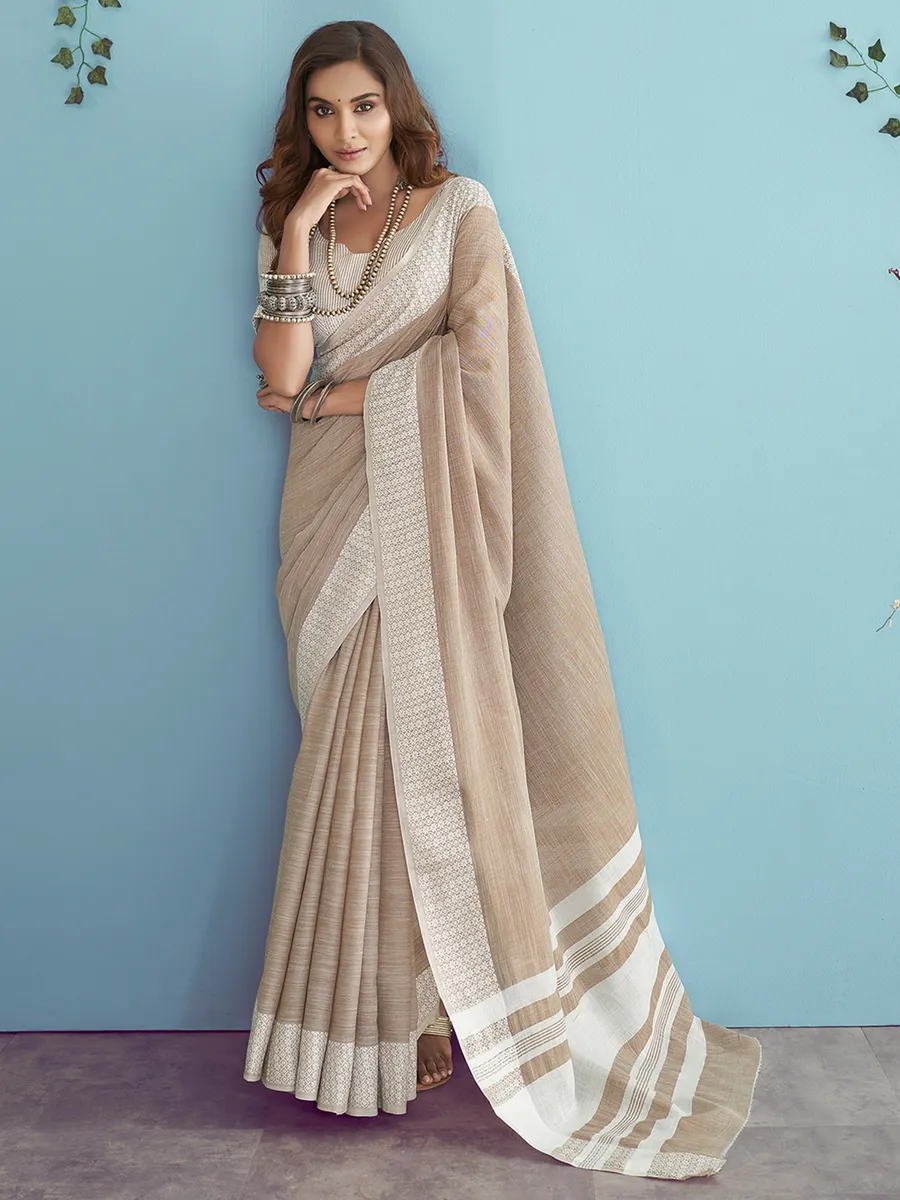 Elegant beige linen saree