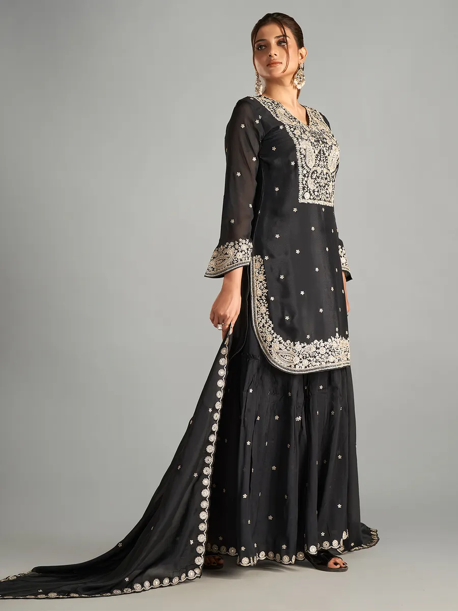 Elegant black chiffon sharara suit