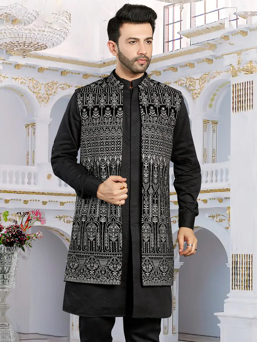 Elegant black long jacket waistcoat set