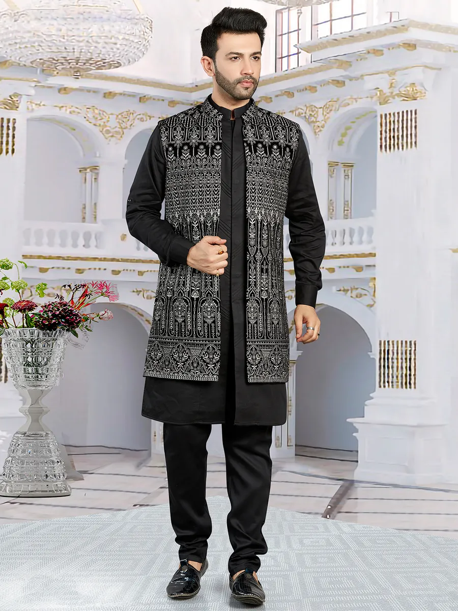 Elegant black long jacket waistcoat set