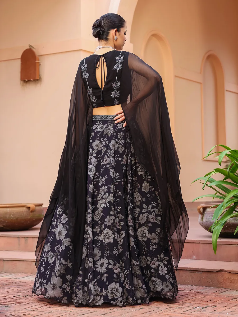 Elegant black organza crop top with lehenga