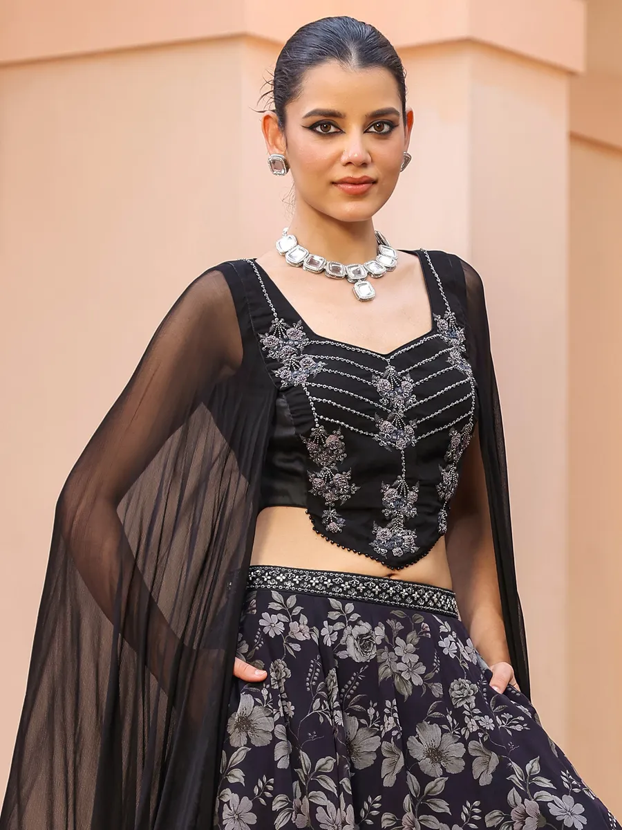 Elegant black organza crop top with lehenga