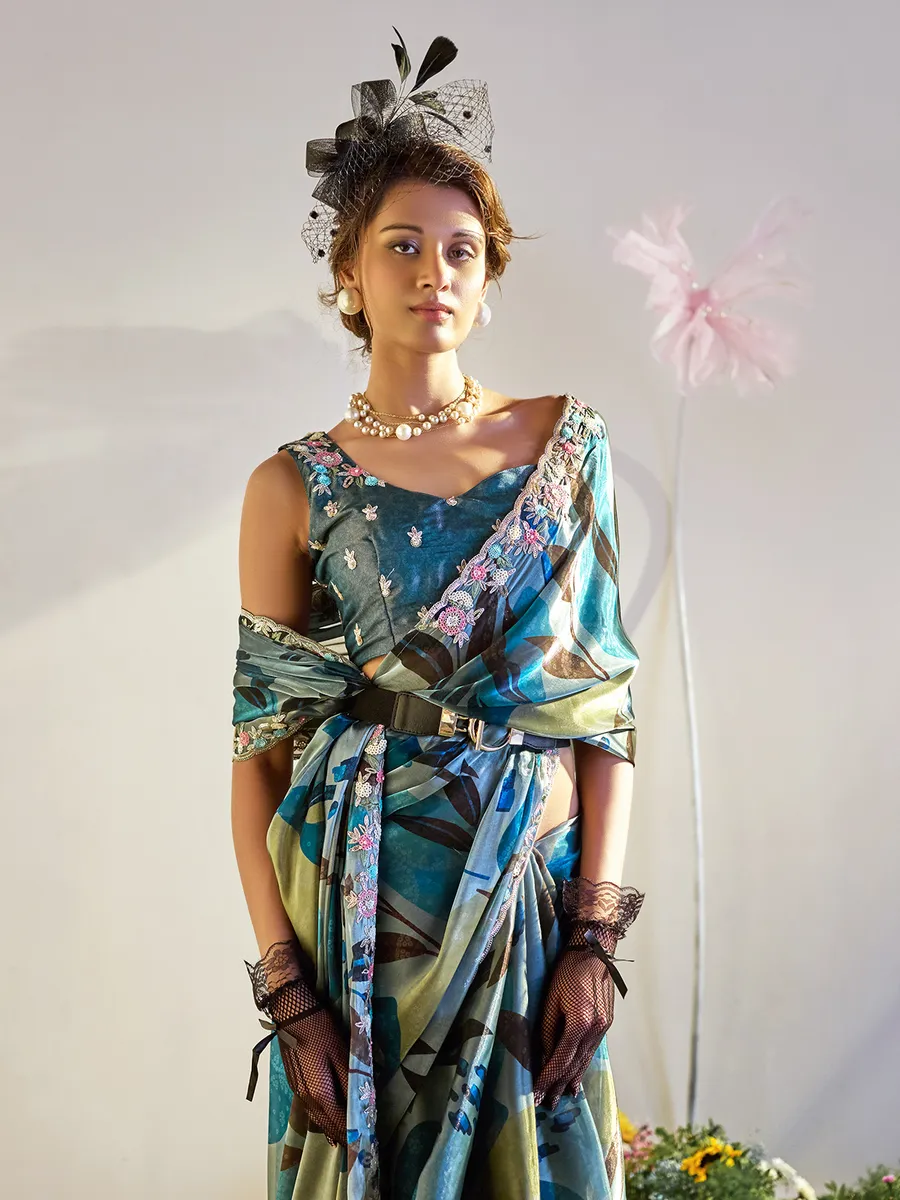 Elegant blue printed tissue silk saree