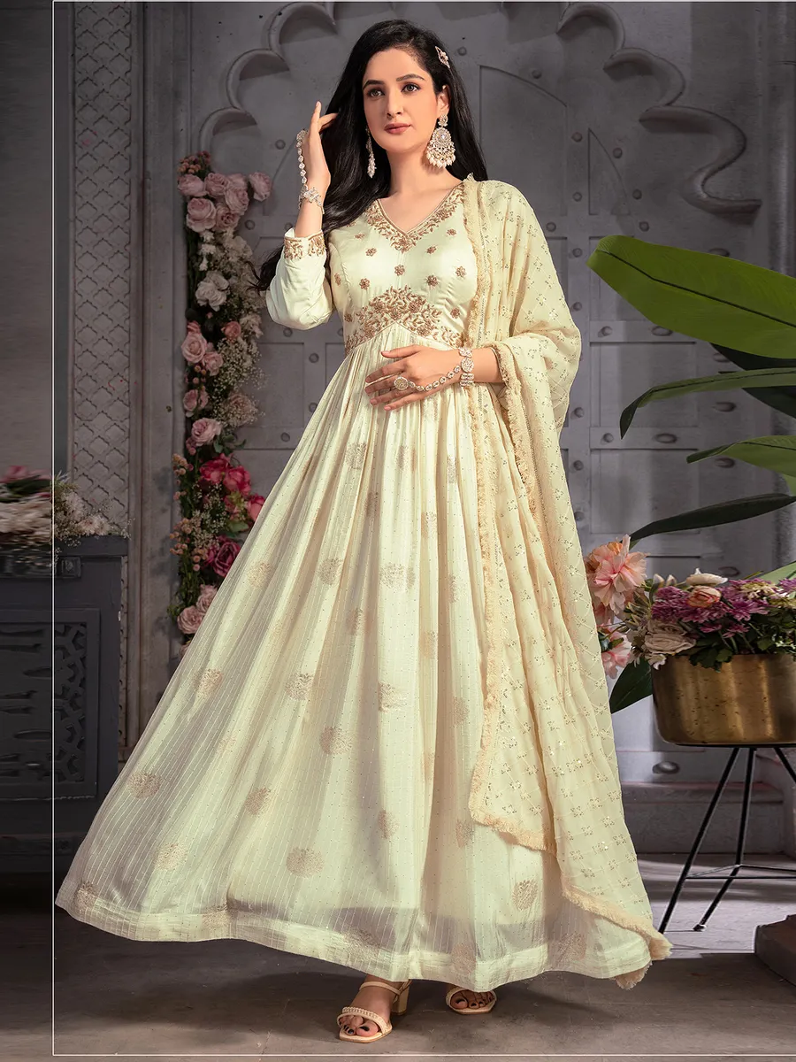 Elegant cream banarasi silk anarkali suit