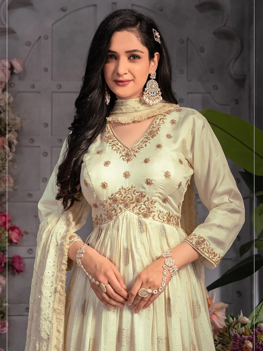 Elegant cream banarasi silk anarkali suit