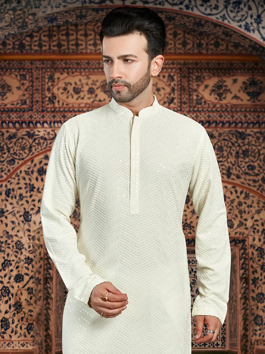 Elegant cream georgette  Men Kurta pajama