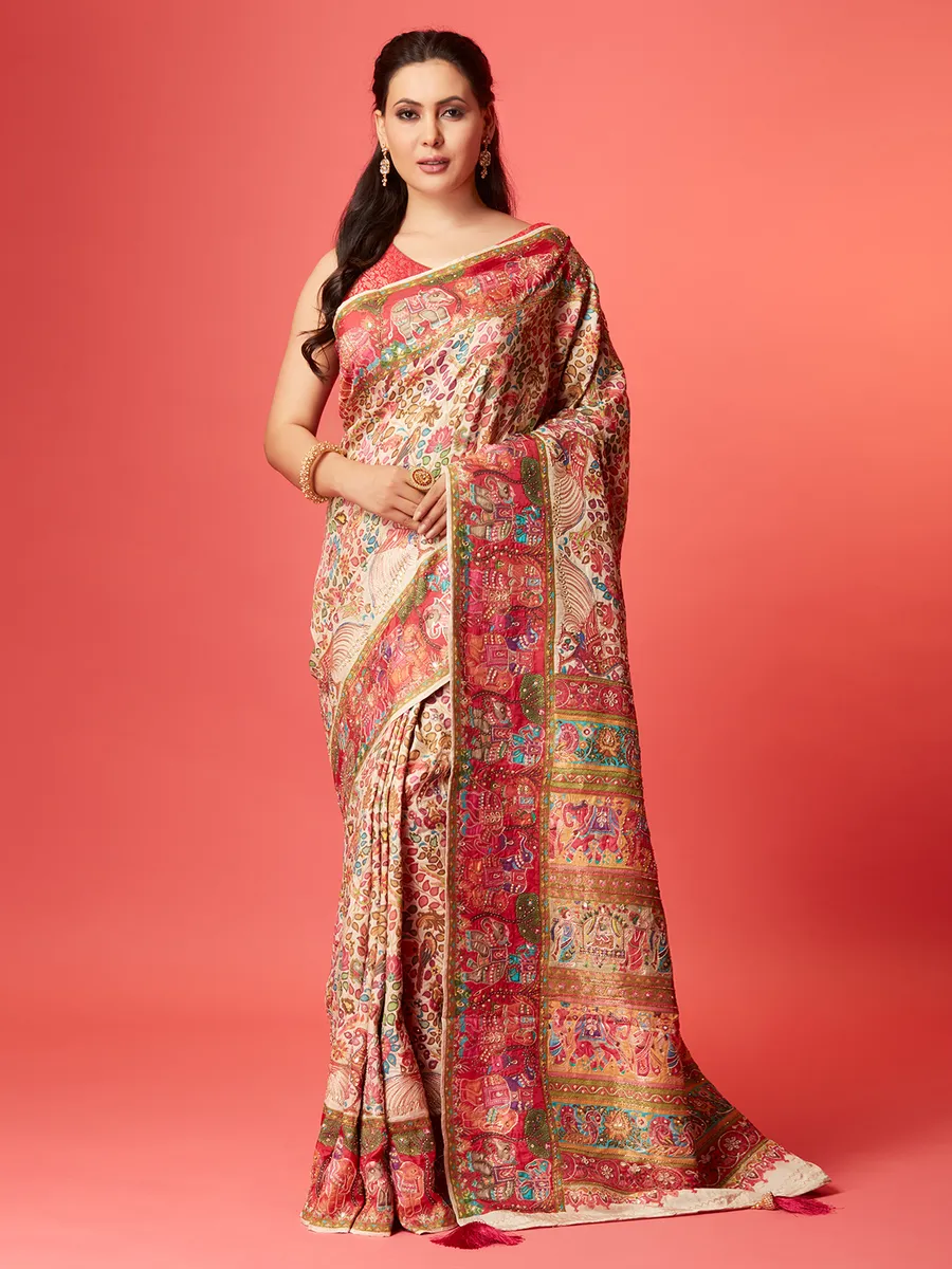 Elegant cream pashmina silk saree for wedding
