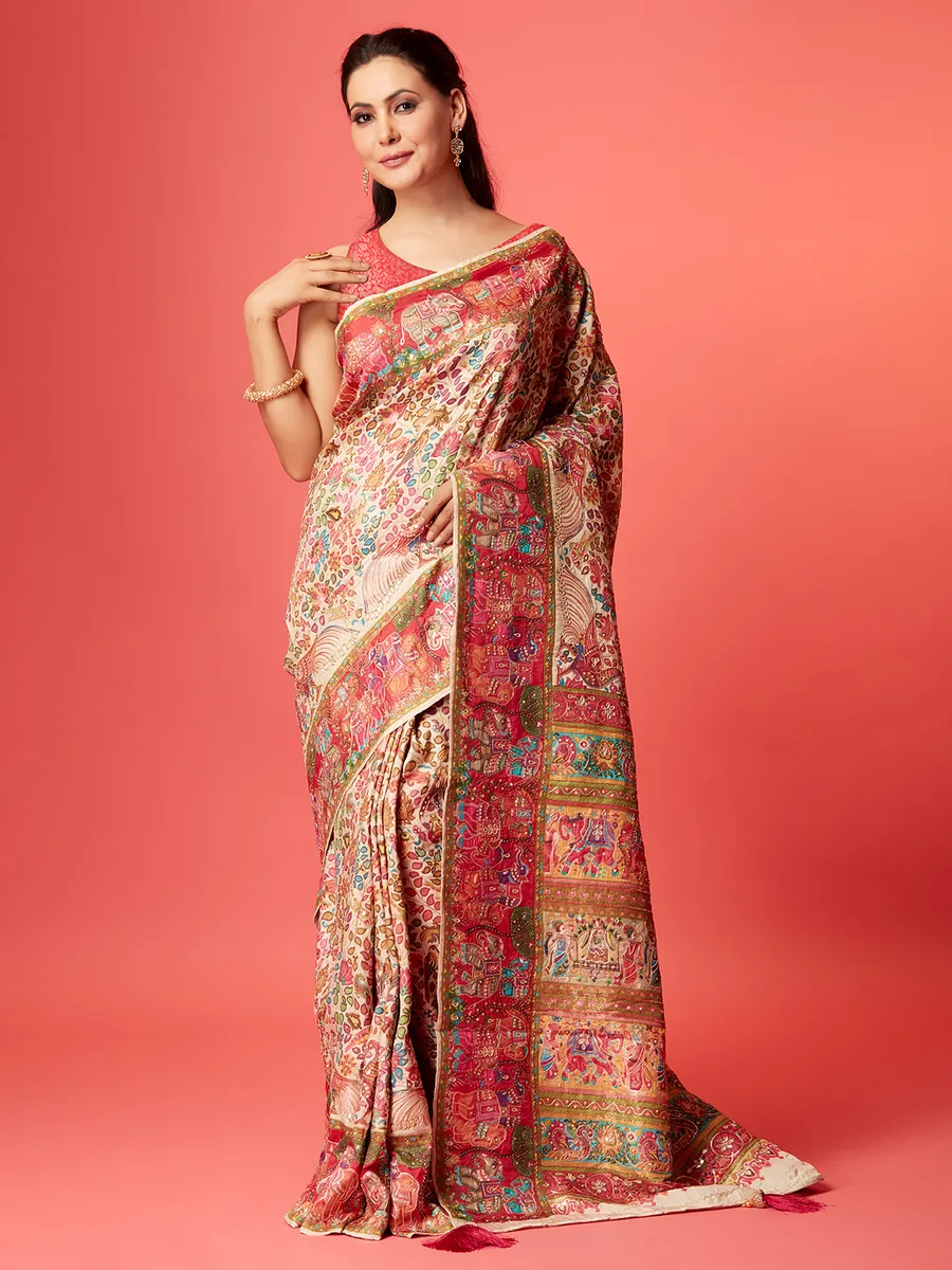 Elegant cream pashmina silk saree for wedding
