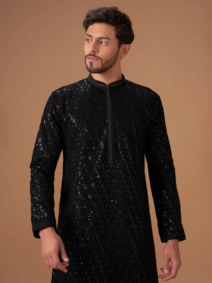 Elegant georgette black  Men Kurta pajama