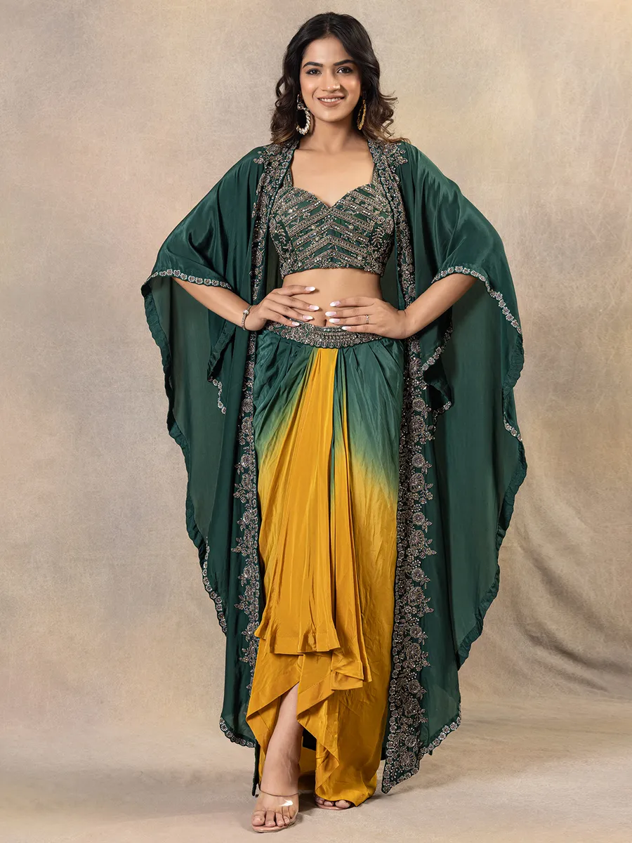 Elegant green silk indowestern suit for women