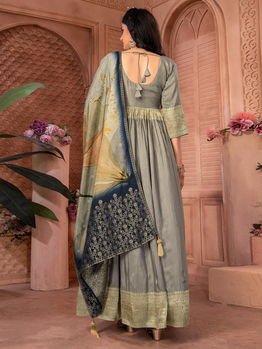 Elegant grey banarasi silk anarkali suit