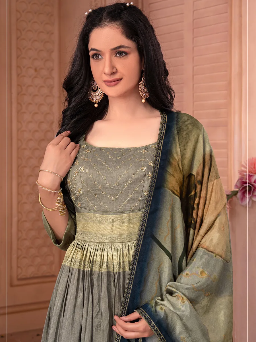 Elegant grey banarasi silk anarkali suit