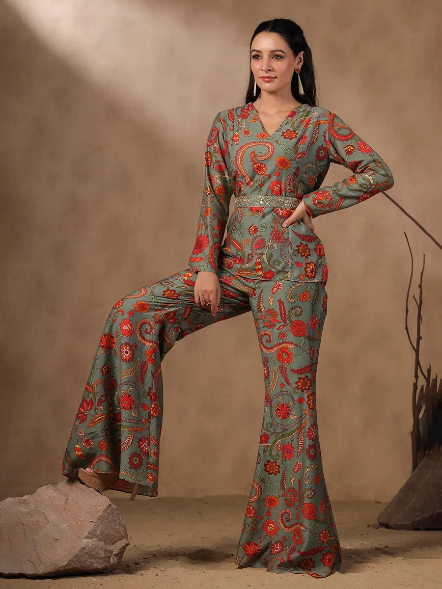 Elegant grey printed silk co-ord set