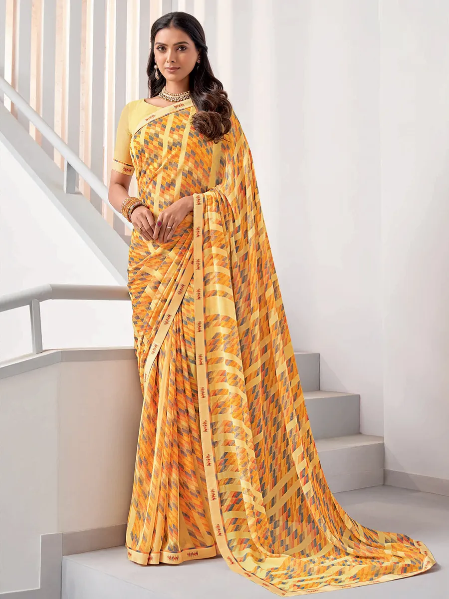 Elegant light yellow georgette printed saree