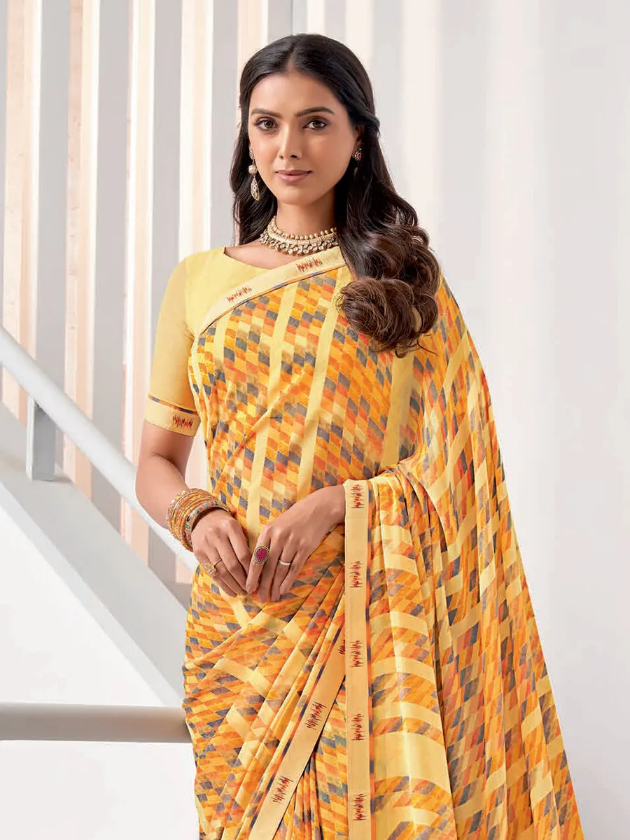 Elegant light yellow georgette printed saree