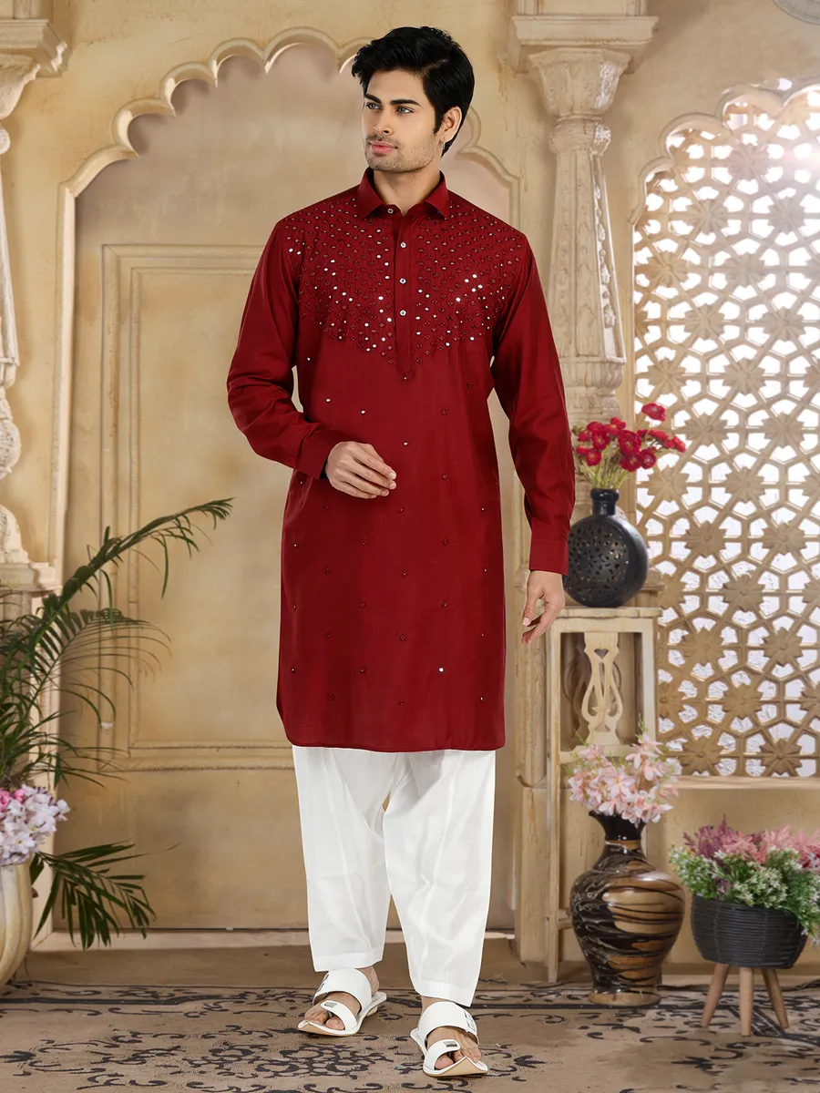 Elegant maroon cotton pathani suit