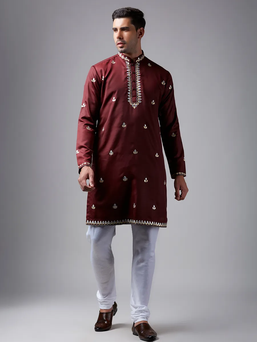 Elegant maroon silk  Men Kurta pajama for festive