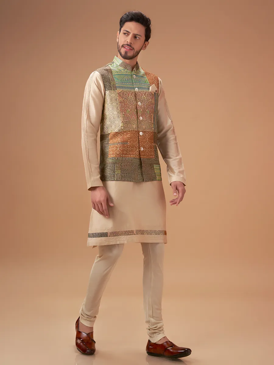Elegant multi color printed waistcoat set