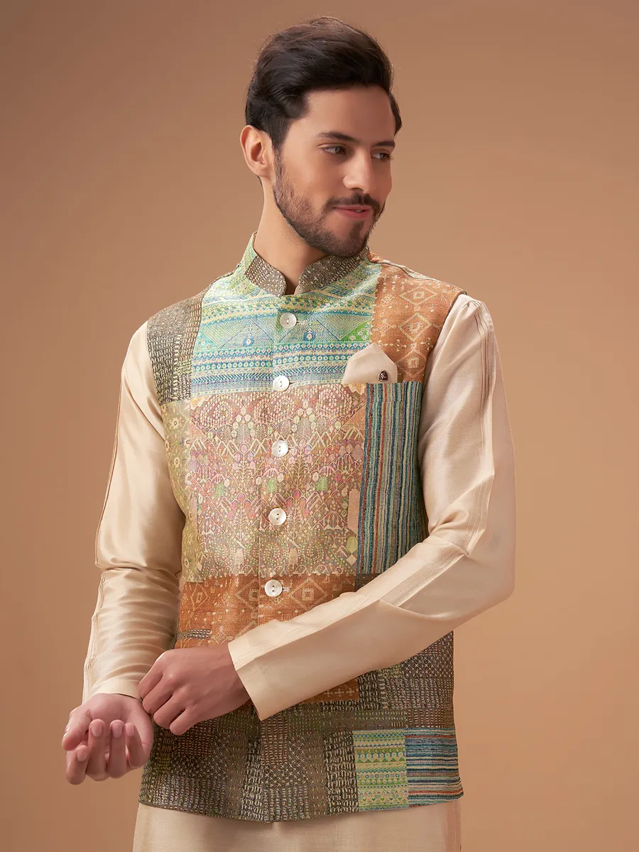 Elegant multi color printed waistcoat set