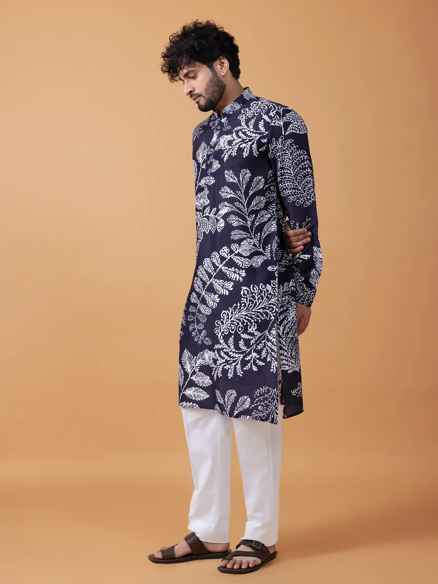 Elegant navy printed  Men Kurta pajama in cotton