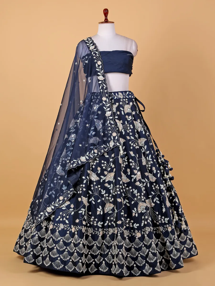 Elegant navy raw silk unstitched lehenga choli