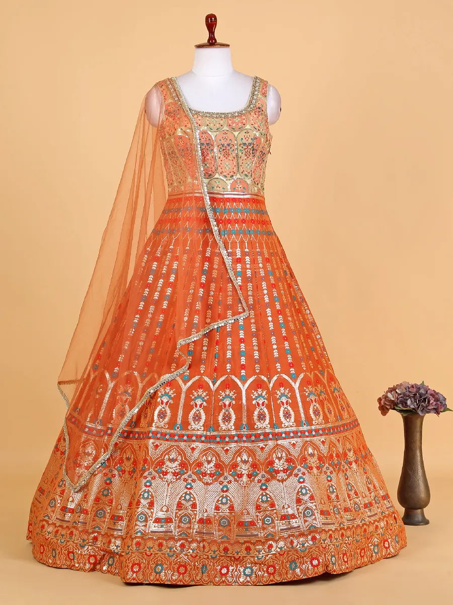 Elegant orange raw silk anarkali suit