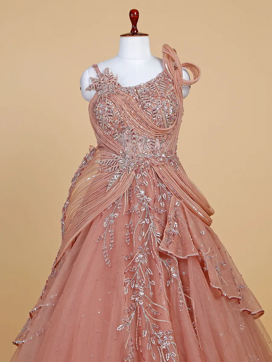 Elegant peach net designer gown