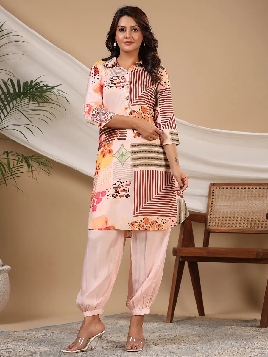 Elegant peach silk printed co ord set