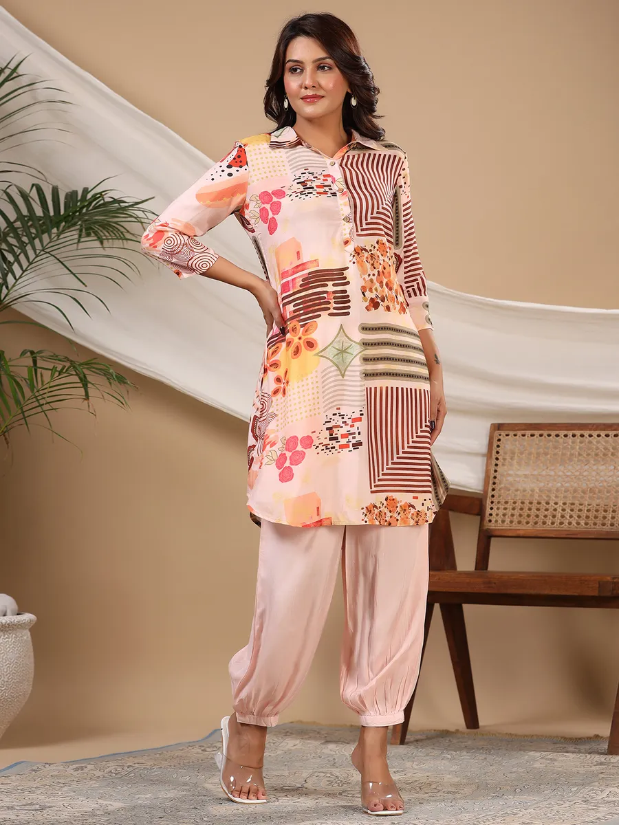 Elegant peach silk printed co ord set