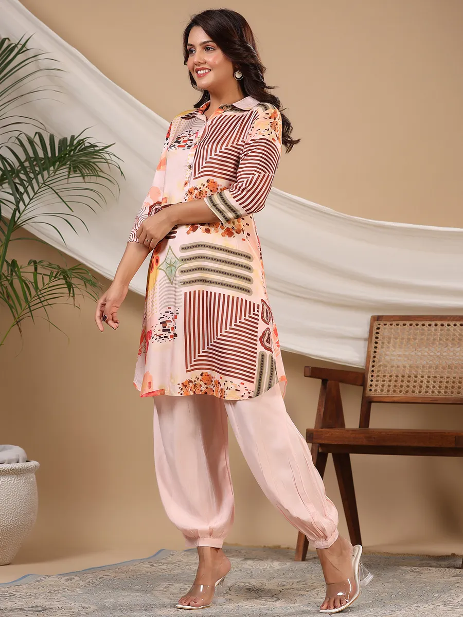 Elegant peach silk printed co ord set