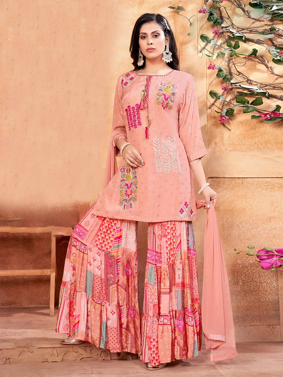 Elegant pink chiffon sharara suit