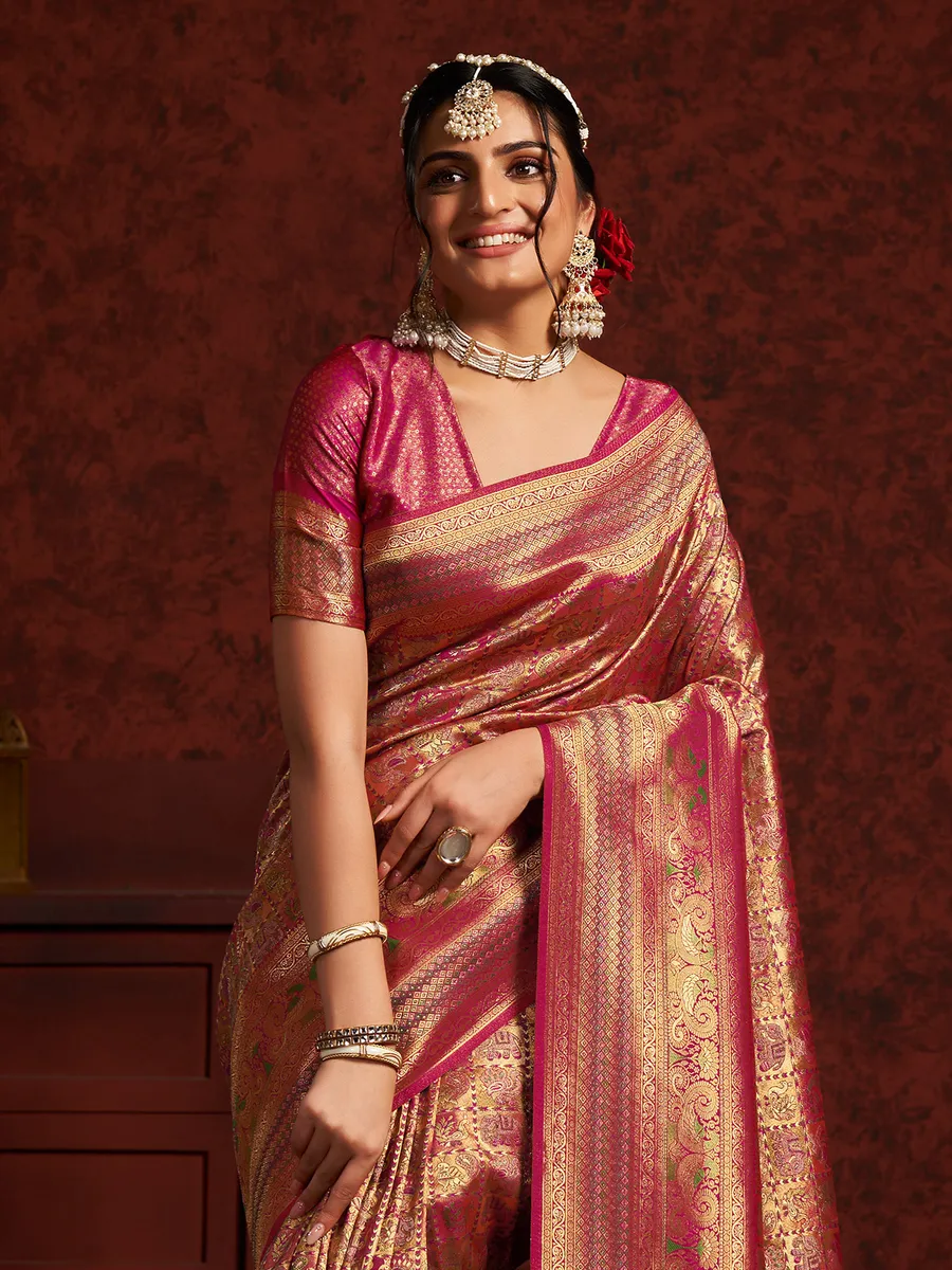 Elegant pink zari weaving saree