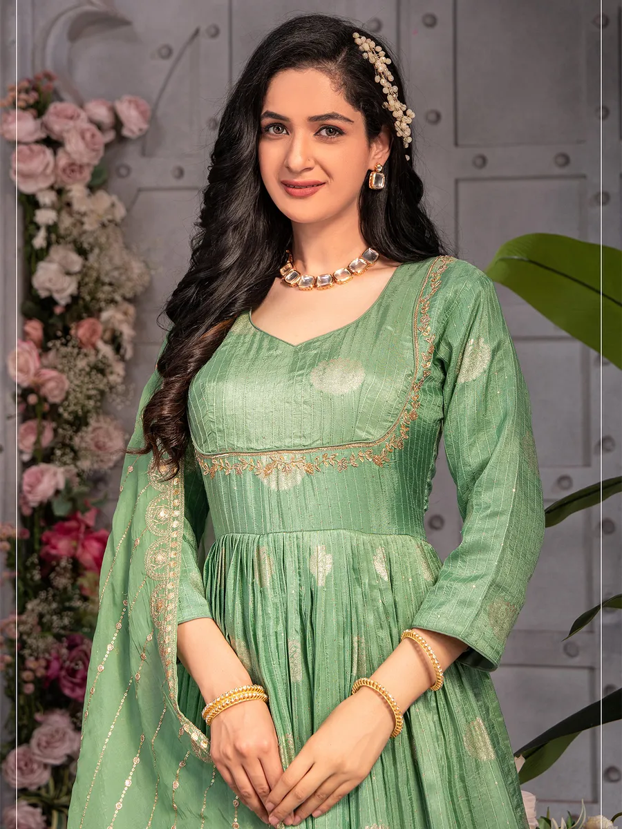 Elegant pista green banarasi silk anarkali suit