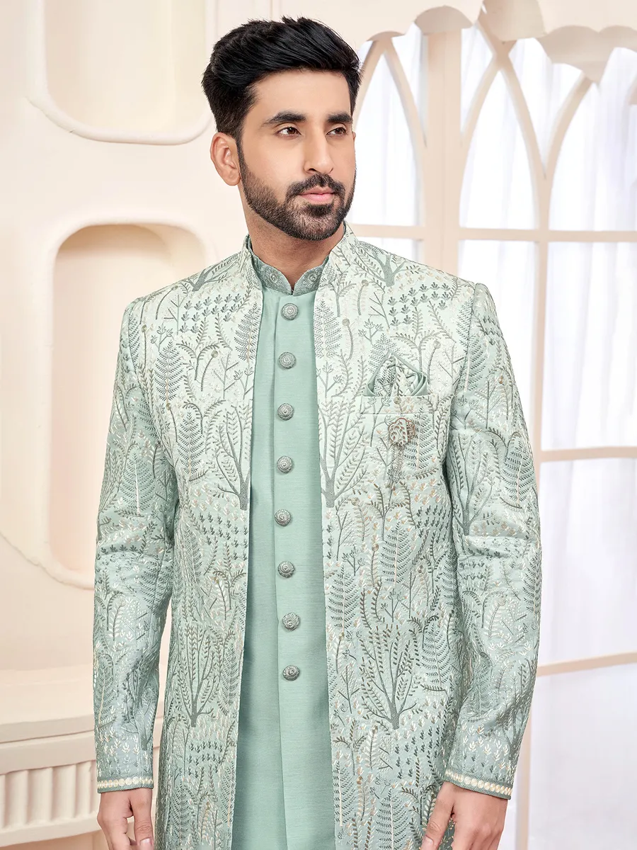 Elegant pista green indowestern for wedding prestige